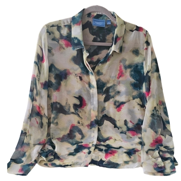 Simply Vera Vera Wang Sheer Chiffon Green and Pink Button Up Shirt Size XL - Picture 1 of 9